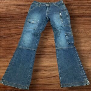 Exocet Jeans Womens 13/14 Cargo Flare Denim Medium Wash Y2K Multi Pocket Blue
